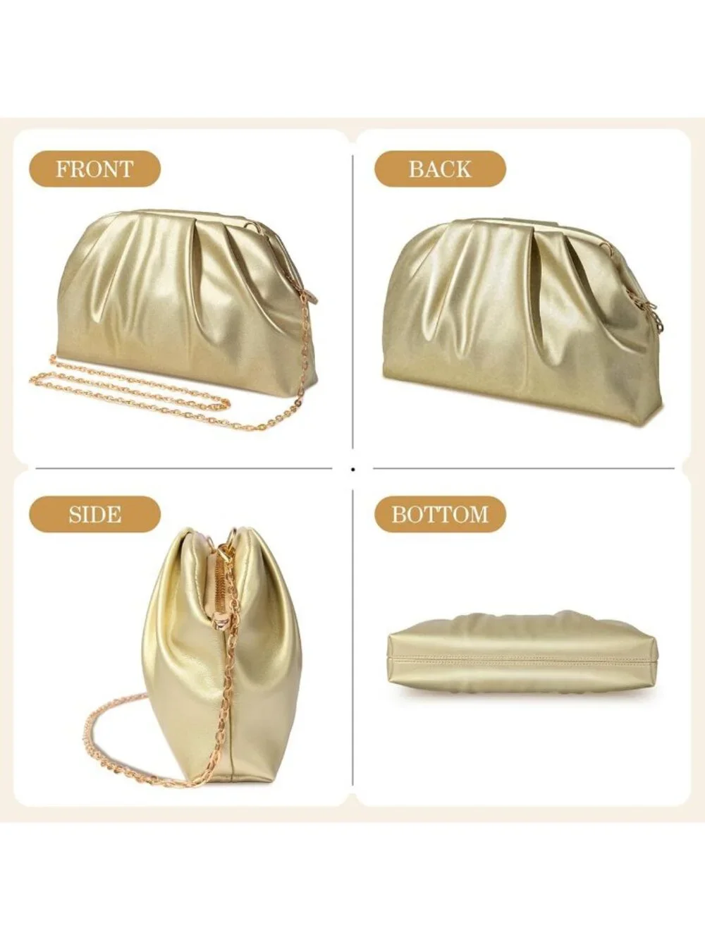 Women's Gold Soft Pleated Pu Clutch Purse Elegant Evening Wedding Bag